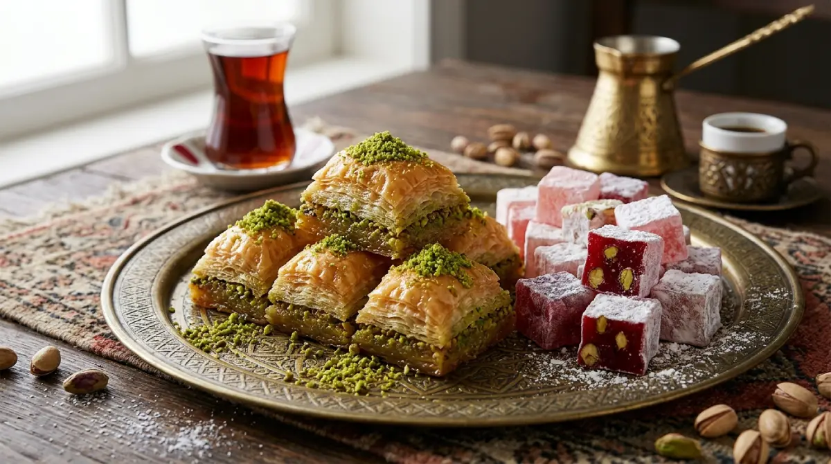 Frische knusprige Pistazien-Baklava aus Gaziantep und bunte Lokum-Würfel mit Puderzucker auf einer Servierplatte