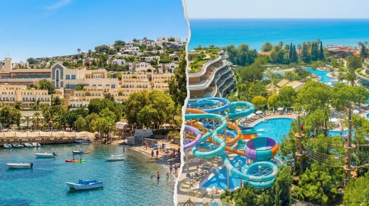 Comparație a arhitecturii hoteliere din Turcia: resort all-inclusive de mari dimensiuni cu piscine pe Rivieră versus hotel boutique terasat pe malul unui golf egeean