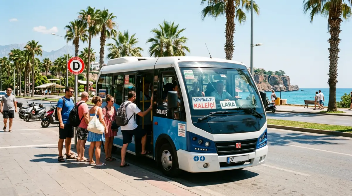 Klassischer türkischer Dolmus-Kleinbus hält an einer sonnigen Strandstraße in einem Ferienort