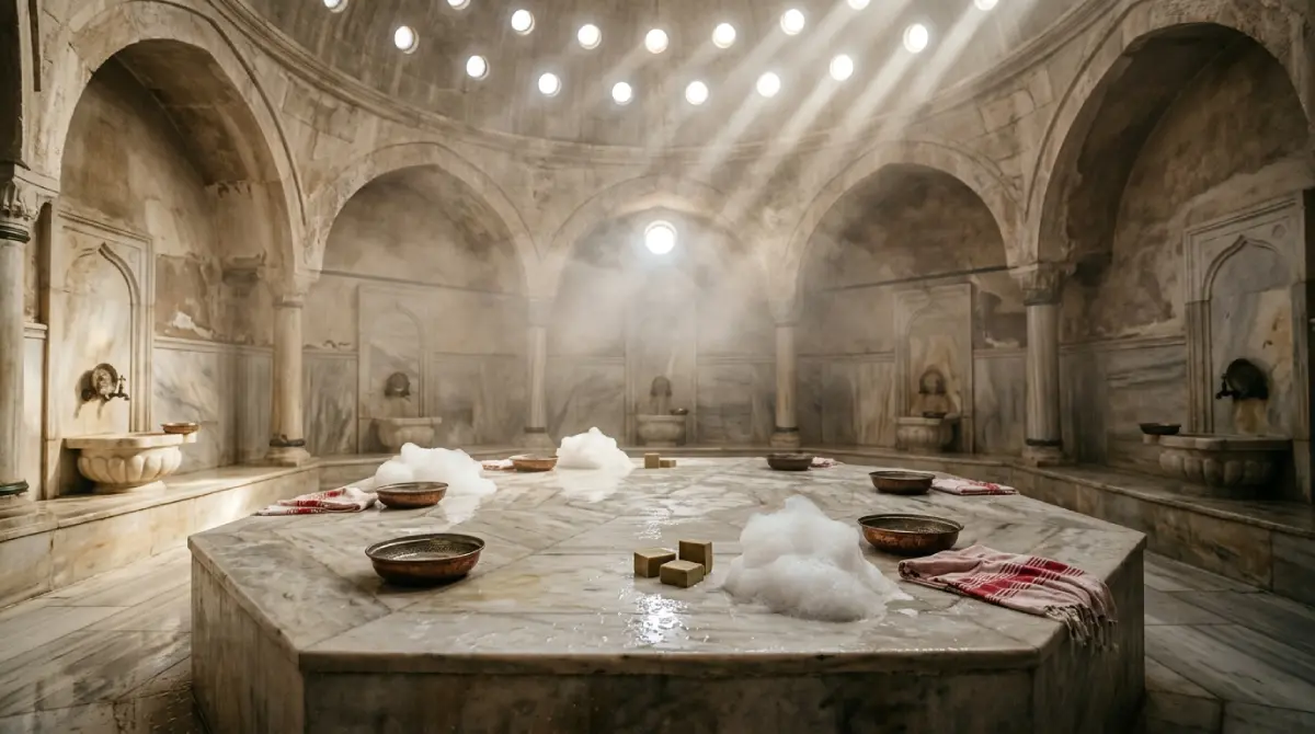 Historischer Marmor-Hamam mit warmem Nabelstein und sanftem Lichteinfall durch die Kuppelsterne