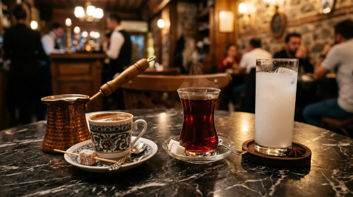 Szklaneczki z herbatą çay oraz kieliszek anyżówki raki