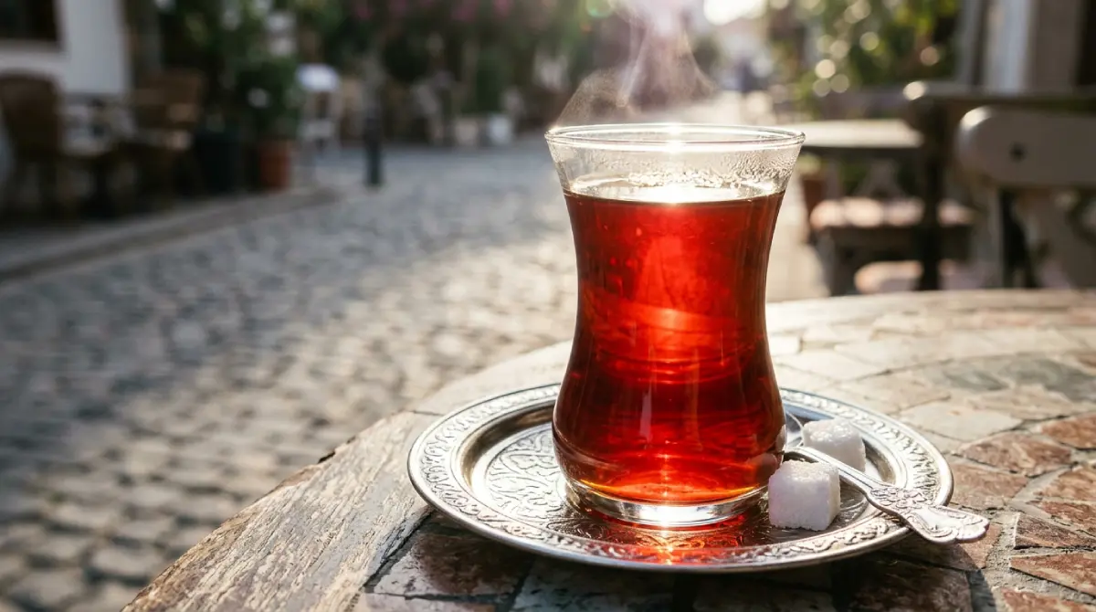 Leuchtend rubinroter türkischer Tee im Tulpenglas auf einer verzierten Untertasse mit Zuckerstückchen