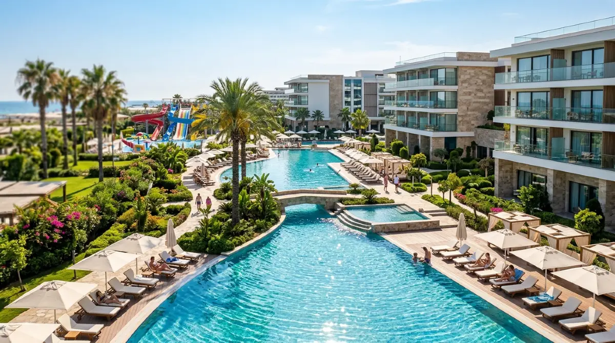 Kompleks basenowy nowoczesnego hotelu resortowego w Turcji