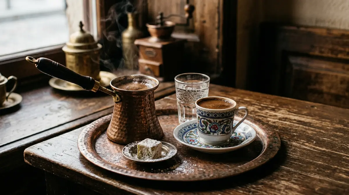 Traditioneller türkischer Mokka in einem Kupferkännchen Cezve zubereitet und in einer feinen Tasse mit Schaumkrone serviert