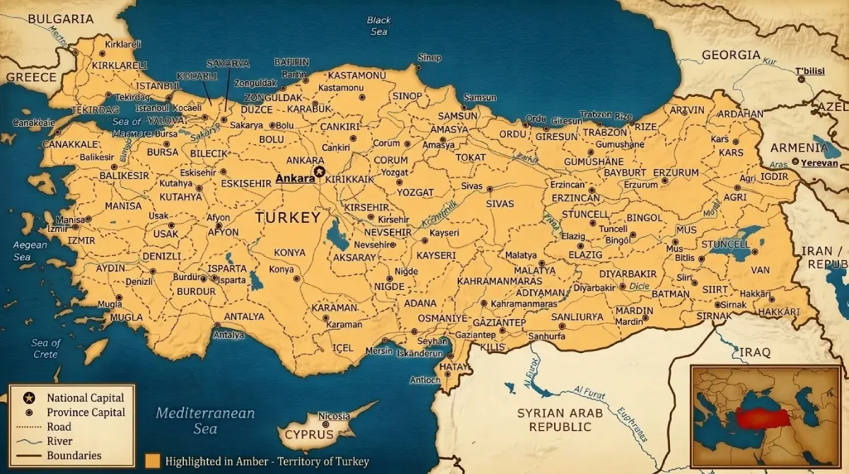 Fizyczna i polityczna mapa Turcji z miastami i ukształtowaniem terenu