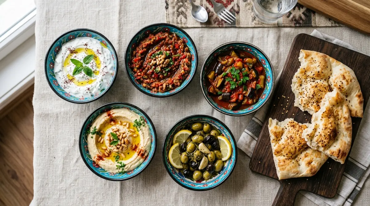 Stół z talerzykami meze w tureckiej tawernie nad brzegiem morza