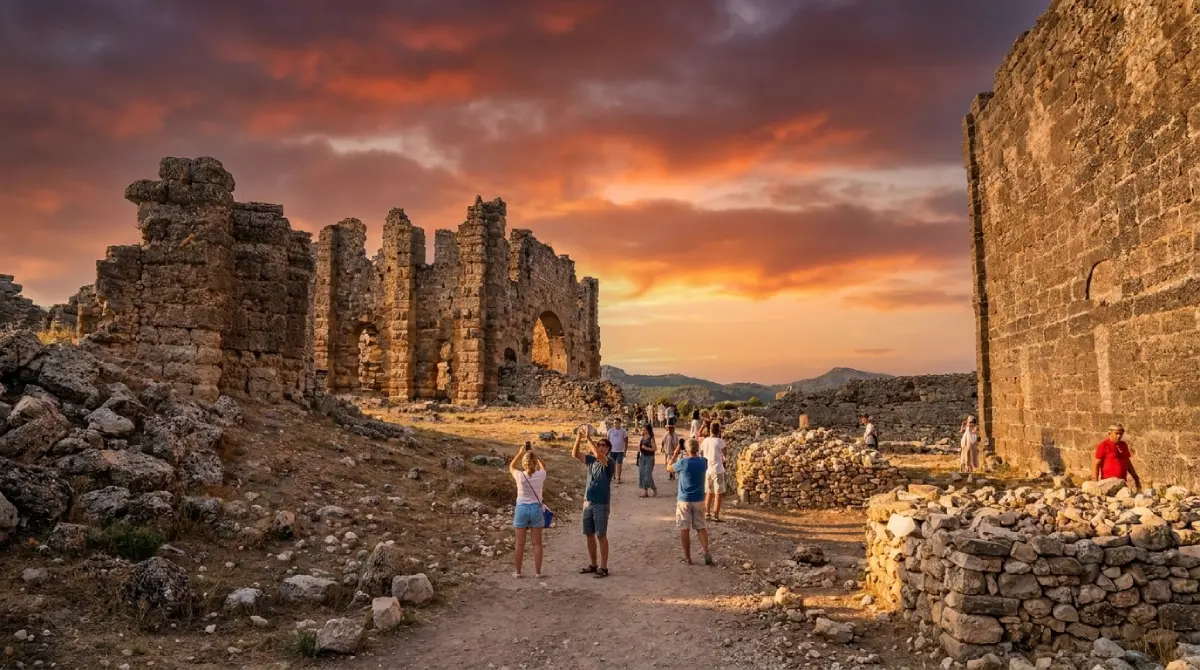 Ruiny rzymskiej fontanny miejskiej Nimfeum i Bouleuterionu na wzgórzu w Aspendos