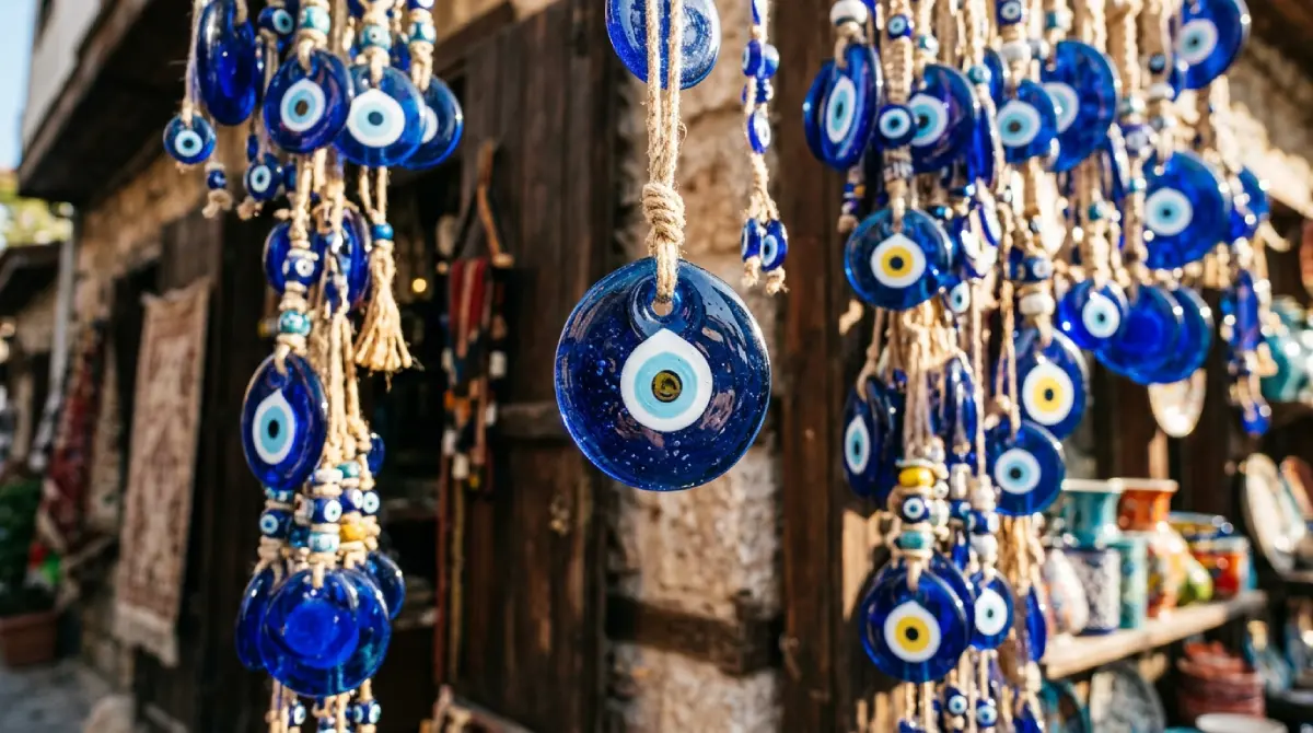 Handgefertigte blaue Nazar Boncugu Glasaugen als Schutzamulette an einem Verkaufsstand in der Türkei