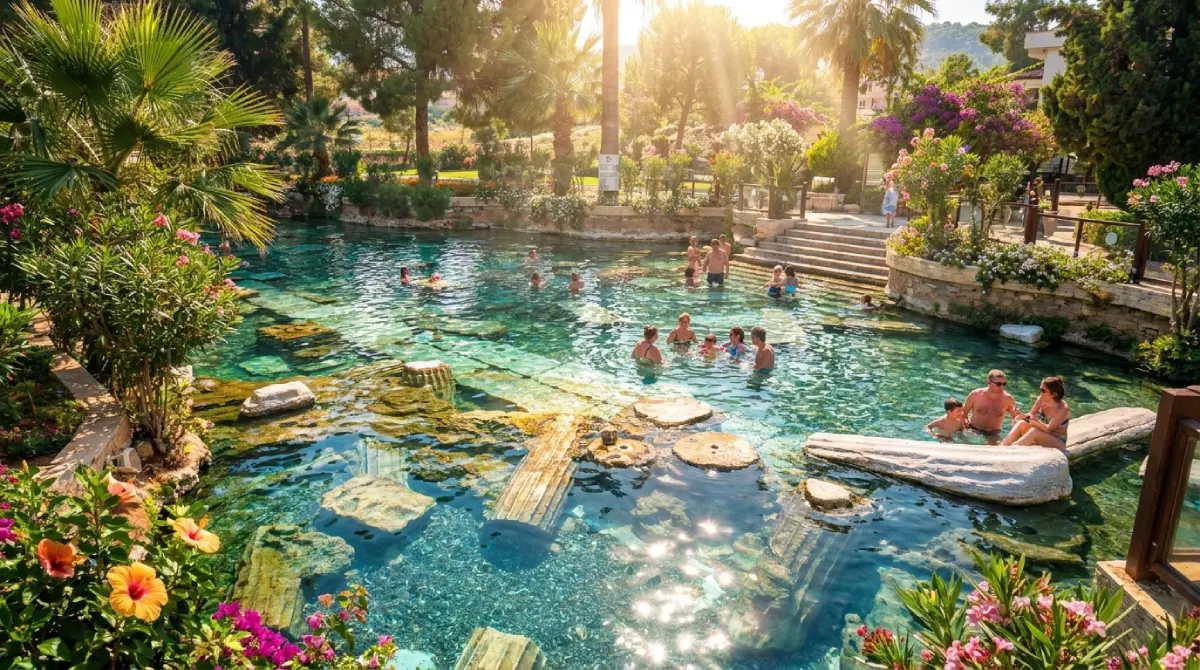 Basenu Kleopatry w Pamukkale w otoczeniu ruin starożytnego Hierapolis