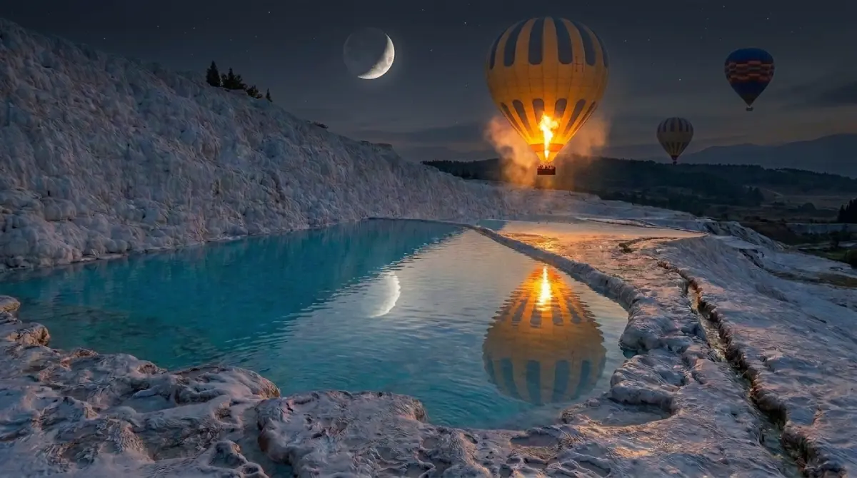 Kolorowe balony na ogrzane powietrze unoszące się o świcie nad białymi tarasami Pamukkale