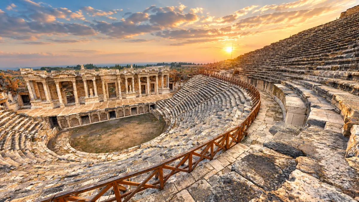 Doskonale zachowany teatr rzymski w Hierapolis na tle doliny Pamukkale