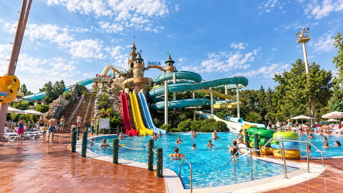 Waterslides and swimming pools at Aqua Fantasy Aquapark in Selçuk
