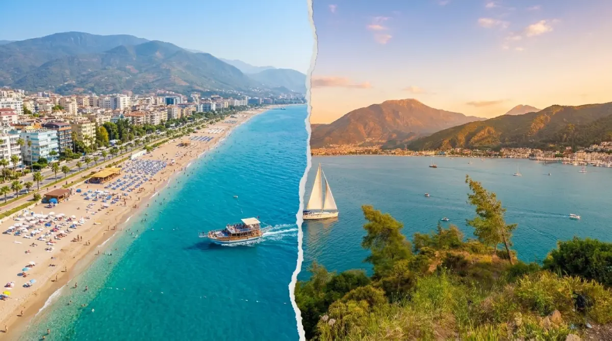 Comparație între țărmurile Turciei: plajă cu nisip pe Riviera Turcească cu Munții Taurus în fundal versus golf verde cu apă azurie pe Coasta Egeeană