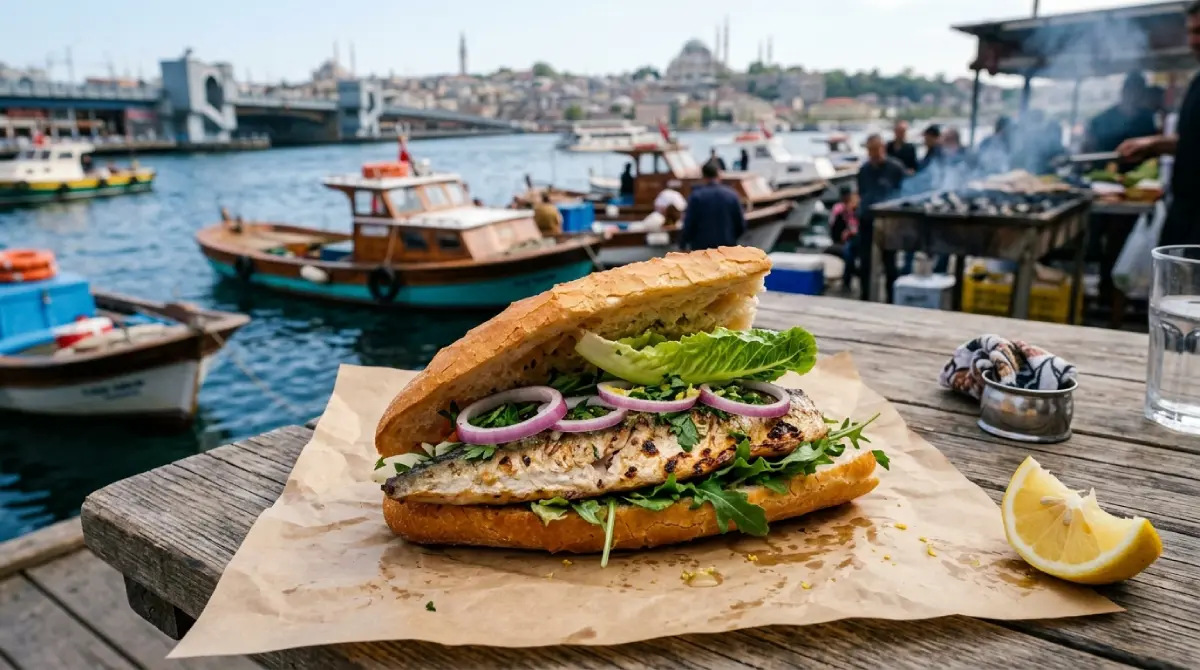 Tradycyjna turecka kanapka rybna Balık Ekmek ze świeżo grillowaną makrelą w chrupiącej bułce na tle portu