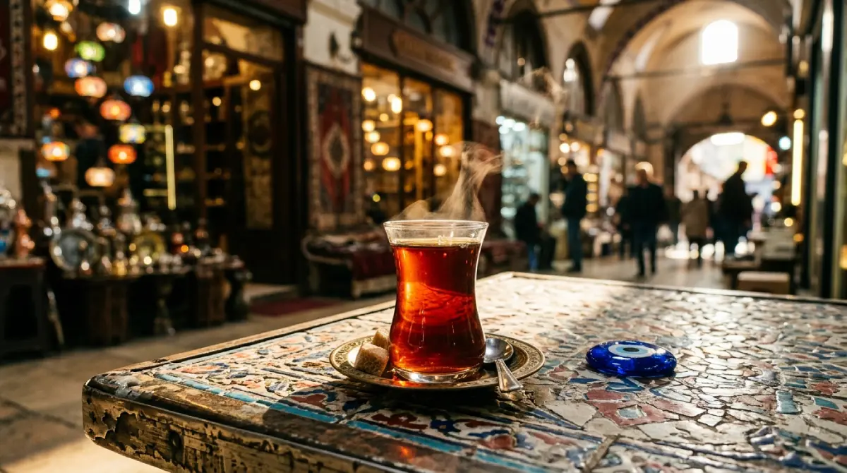 Traditioneller türkischer Tee im Tulpenglas, Schale mit Pistazien-Baklava und blaues Nazar-Schutzauge auf einem anatolischen Holztisch