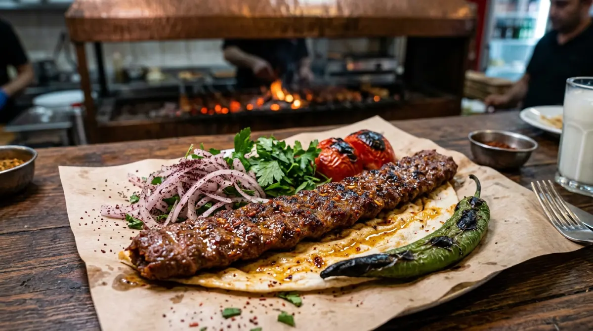 Würziger Adana Kebab vom Holzkohlegrill mit gegrillten Tomaten, Spitzpaprika und Fladenbrot serviert