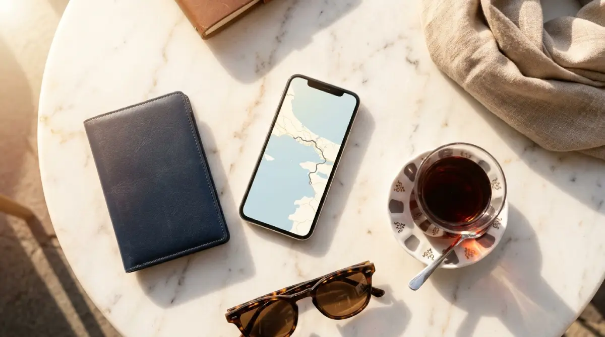 Przygotowania do podróży do Turcji, dokumenty, waluta i telefon z mapą kurortu