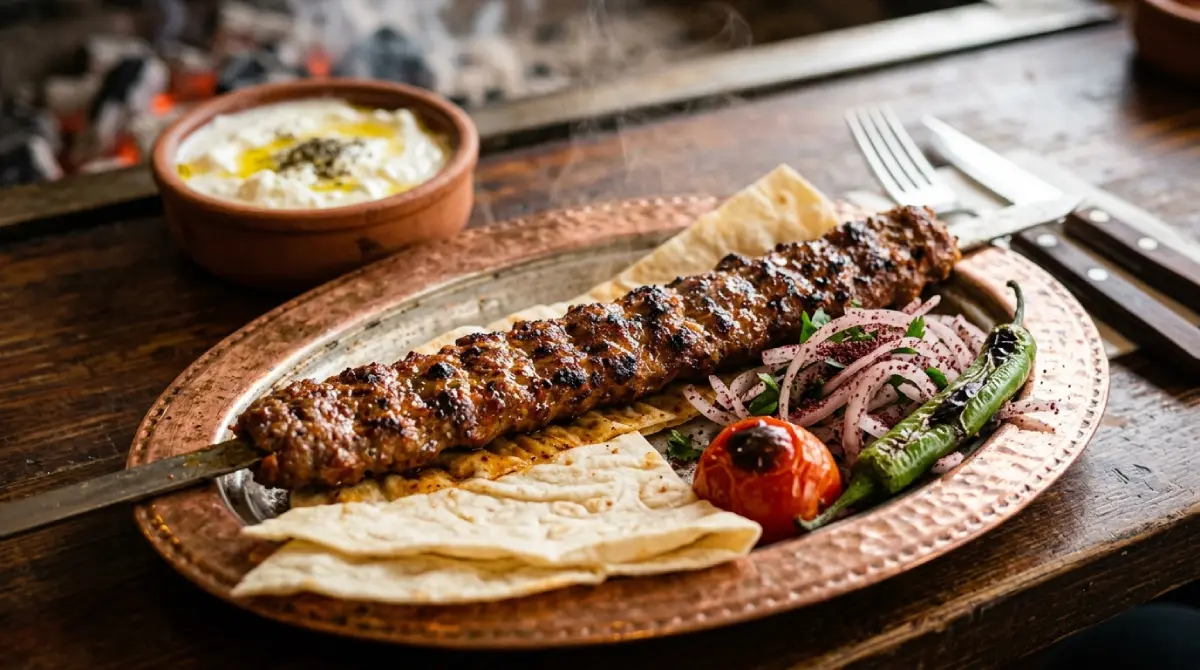 Turecki stół pełen grillowanych mięs, szaszłyków Adana i pieczonych warzyw