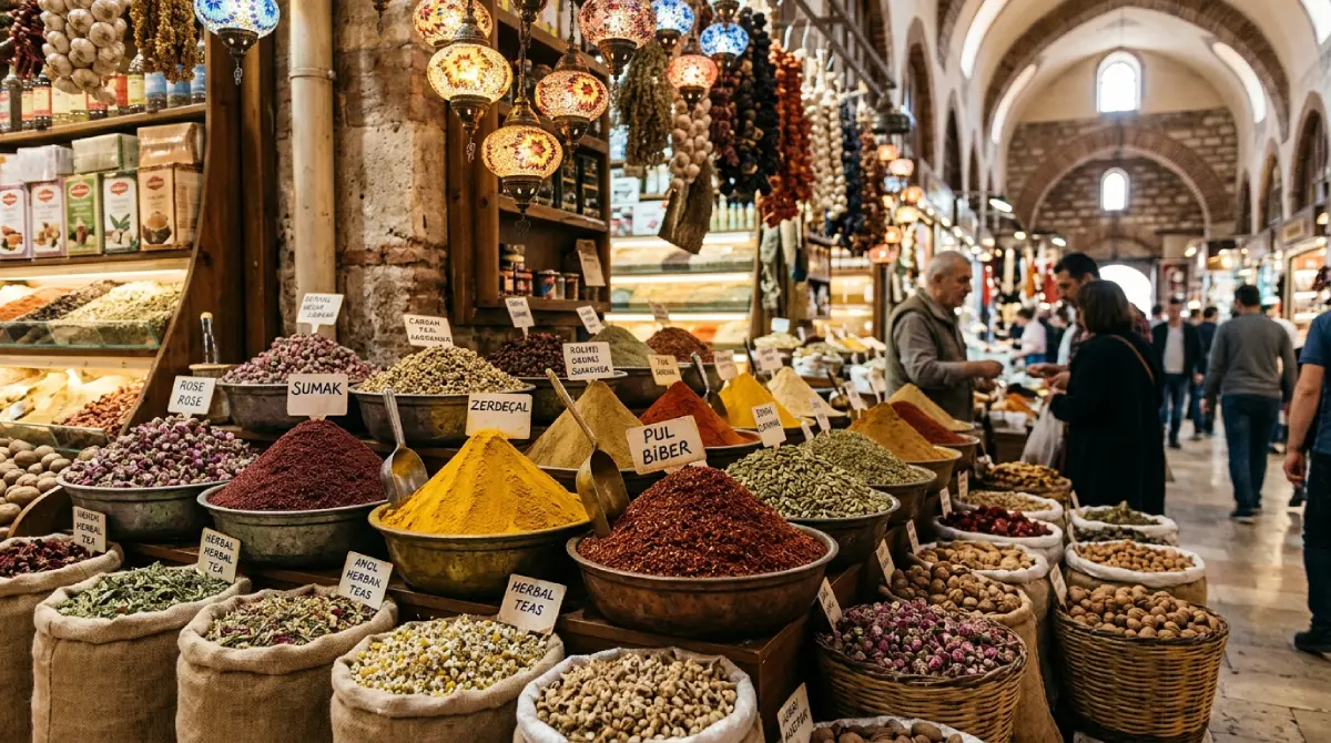 Bunte Gewürzkegel, getrocknete Teeblüten und orientalische Mosaiklampen auf einem türkischen Basar in Istanbul