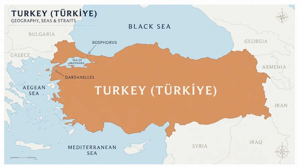 Karte der Meere und strategischen Meerengen der Türkei: Mittelmeer, Ägäis, Schwarzes Meer, Marmarameer sowie Bosporus und Dardanellen