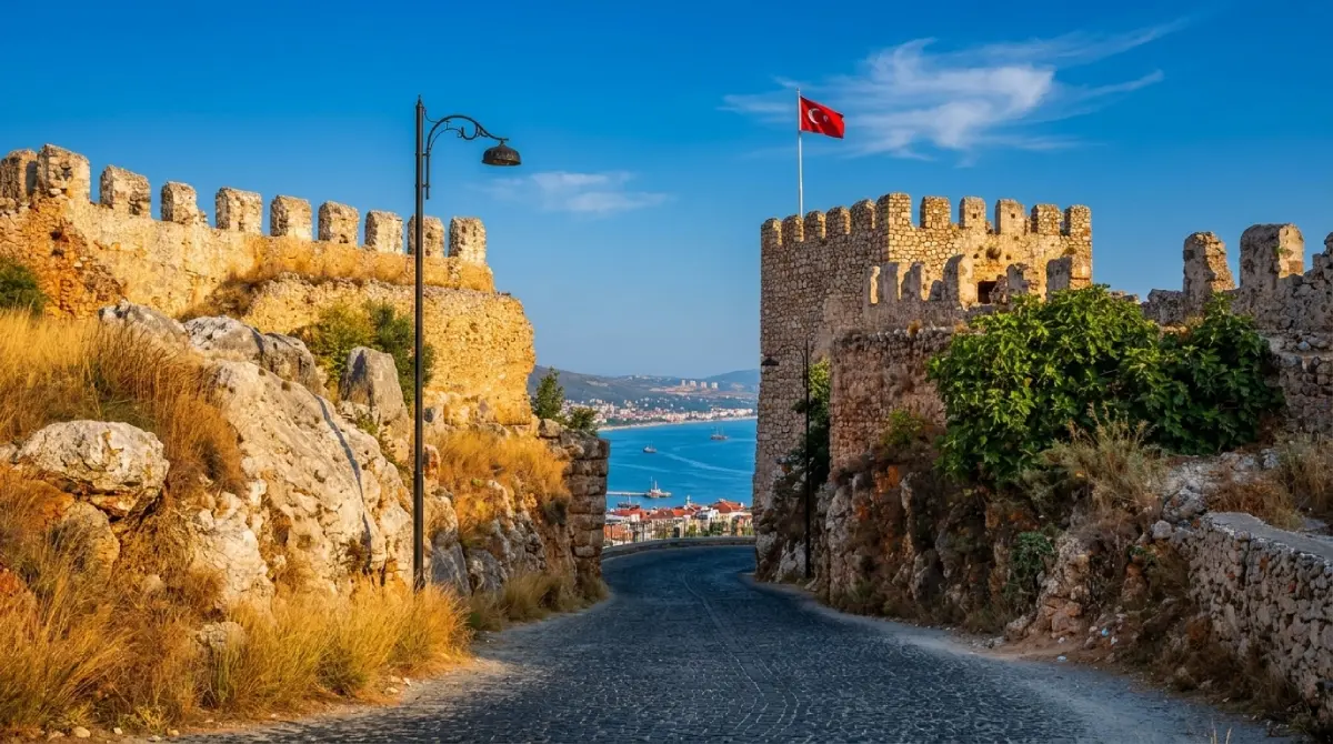Średniowieczna Twierdza Alanya Kalesi na wzgórzu zamkowym nad Morzem Śródziemnym