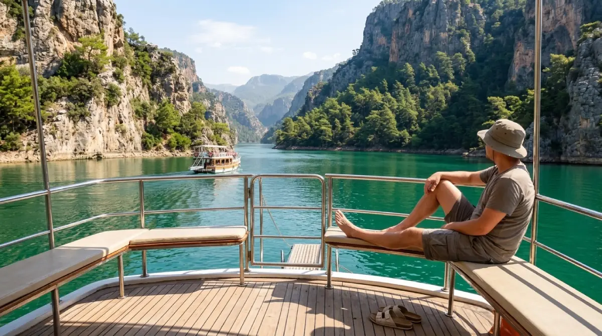 Rejs statkiem po szmaragdowym jeziorze w Zielonym Kanonie (Green Canyon) w Turcji